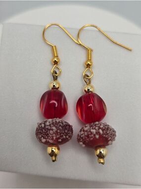 Handmade Garnet Red Beaded Earrings Tiered Glass Raspberry Bead Dangle 1.75"